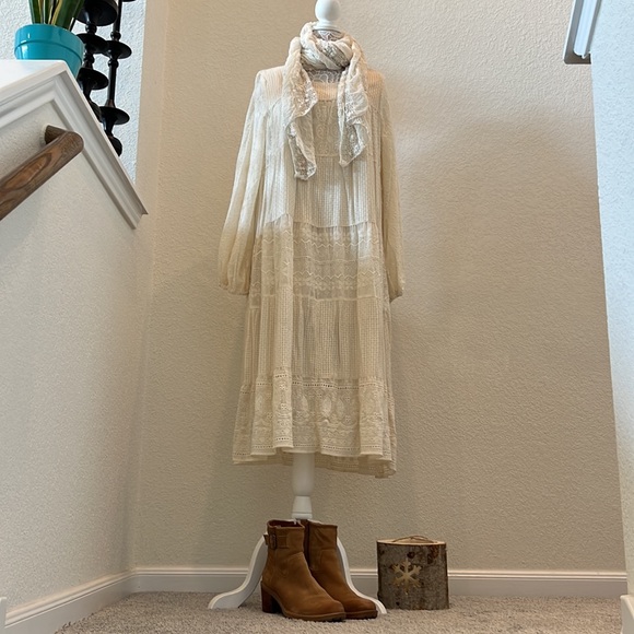 🌸NWT Gorgeous RARE Free People Boho MIDI Dress Sz M Ivory - Picture 5 of 9